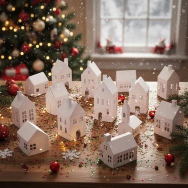 Imagem de Epakh Kit de 12 peças DIY Putz House Village para o Natal, mini casas de papelão desmontadas para fazer sua própria vila com glitter (branco kraft)