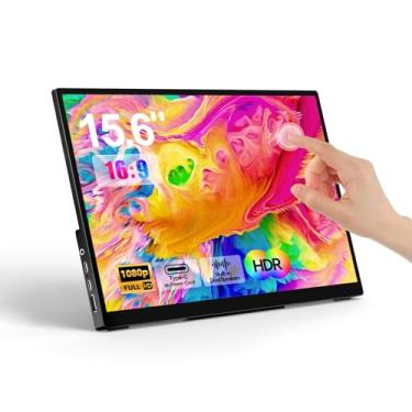 Imagem de Monitor portátil com tela sensível ao toque de 15,6 polegadas 1080p FHD IPS, tela sensível ao toque para jogos de viagem de 10 pontos com alto-falantes duplos e suporte, tela externa USB-C HDMI para