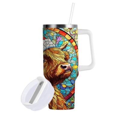 Imagem de ATTX Copo de vidro manchado de 850 g com alça - Caneca de viagem de aço inoxidável isolada a vácuo, copo de café à prova de vazamento com canudo #129