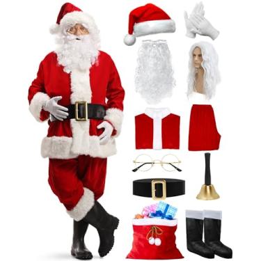 Imagem de Mukum Conjunto de 11 peças de fantasia de Papai Noel para homens, fantasia profissional de Papai Noel, roupa de Papai Noel para o Natal com peruca de Papai Noel, luvas, sino vermelho, bolsa de pelúcia