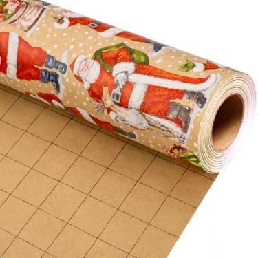Imagem de Merture Rolo de papel de embrulho Kraft de Natal - 46,5 pés quadrados Embalagem de presente tradicional de Papai Noel com linhas de corte de grade para o Natal, férias de inverno