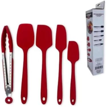 Imagem de Espatulas e pegador de cozinha, silicone vermelho, utensilio culinario, antiaderente, resistente, 5 pecas, essencial, versatil, vermelho