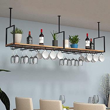 Imagem de APUM Prateleiras de teto para taças de vinho, prateleiras flutuantes modernas de 1 camada, cabide de vinho de madeira de ferro, rack de bar de cozinha suspenso, suporte decorativo, prateleira de