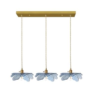 Imagem de Auwieou Luminária Pendente Com 3 Luzes, Vidro Azul, Latão Escovado, Lustre Vintage De Fazenda, 1 Luz, Soprado À Mão, Pendurado Para Cozinha, Sala Jantar, Quarto