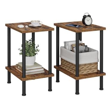 Imagem de VIMBER 2 conjuntos de mesas de extremidade, mesa lateral com pernas de metal, mesinhas de cabeceira pequenas com prateleiras de armazenamento de 2 níveis, mesa de sofá pequena para espaço pequeno