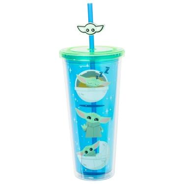 Imagem de Silver Buffalo Copo frio de plástico Star Wars Mandalorian Yoda Nom 680 g com tampa e canudo