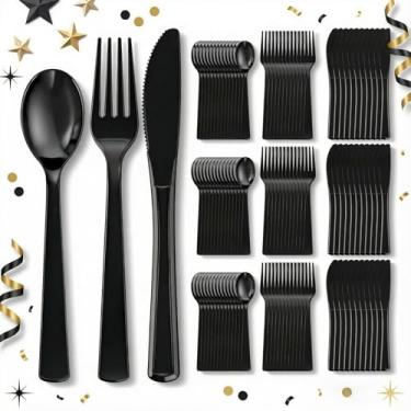Imagem de EI 360 peças de talheres de plástico preto, talheres descartáveis, talheres de plástico resistentes, colheres e garfos de plástico incluem 120 garfos, 120 colheres e 120 facas, para férias