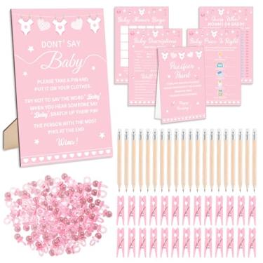 Imagem de 327 peças de suprimentos rosa para chá de bebê para meninas, inclui 200 cartões de atividades, 25 lápis, 1 placa de bebê Don't Say Baby 50 prendedor de roupa, 1 placa de caça à chupeta 50 chupetas