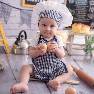 Imagem de Adereços para fotografia de recém-nascidos, roupas de chefe de cozinha, conjunto de avental de chapéu de chef, acessório de sessão de fotos para bebês meninos e meninas (Zang Lan, M (3-12 meses)