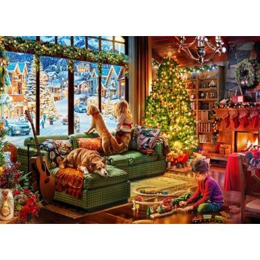 Imagem de Quebra-cabeça de Natal Fireside, 1000 peças da Vermont Christmas Company - Quebra-cabeças vintage natalinos com peças de formato aleatório e interligadas - 67 cm x 49 cm