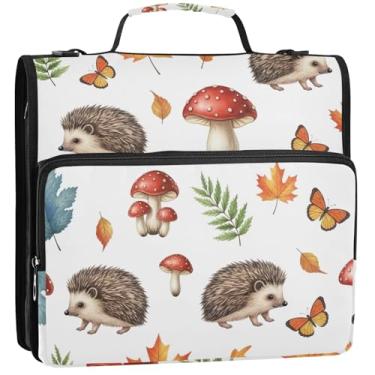 Imagem de Organizador de fichário com zíper fofo ouriços outono 3,88 cm, 3 anéis, bolsa para documentos escolares com alça de ombro, portfólio e estojo para pasta de anel, 34,5 x 31,5 x 9 cm