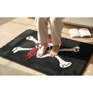 Imagem de Tapete retangular de Halloween, tapete de caveira pirata, 50,8 x 81,3 cm, preto e branco, banheiro, cozinha, quarto, sala de estar, corredor, entrada de escritório, antiderrapante, tapete de apoio