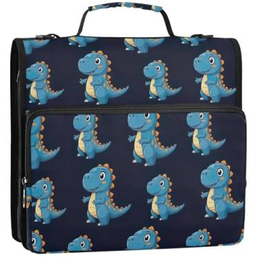 Imagem de 3 fichários com 3 anéis de 3,8 cm, lindo desenho animado de dinossauro azul, organizador de fichários escolares com alça de ombro, portfólio divertido, comporta 500 lençóis, 34,5 x 31,5 x 9 cm