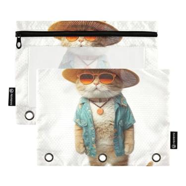 Imagem de GAIGEO Pasta de lápis para sala de aula com 3 anéis, bolsa de lápis com zíper, armazenamento de canetas, fichários escolares, bolsos transparentes, estampa engraçada de gato 25 x 18 cm, 2 pacotes