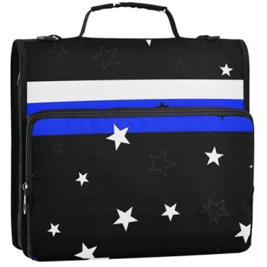 Imagem de Organizador de fichário com zíper, linha azul, bandeira de estrelas, 3 anéis, bolsa divertida para fichários escolares com alça de ombro, estojo portfólio de armazenamento com alça, 34,5 x 31,5 x 9 cm