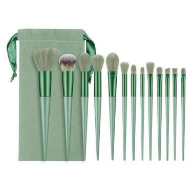 Imagem de Kit de 13 Pincéis de Maquiagem Peças Verde e Cerdas Macias para Base, Pó, Blush e Sombras com Estojo Portátil