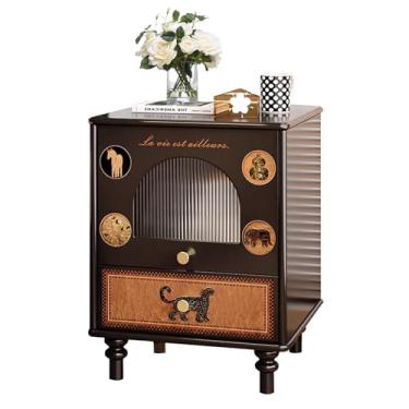 Imagem de Mesa de cabeceira de 2 camadas, mesa de cabeceira de madeira maciça com gaveta de armazenamento, mesa de cabeceira com armazenamento, mesa de canto de madeira vintage, mesa de canto de 2 gavetas