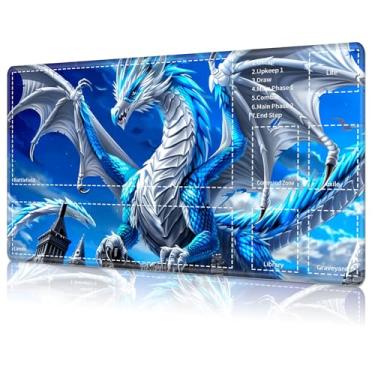 Imagem de for MTG Card Playmat with Zone,Game Play Mat for MTG TCG 27.6 x 15.7 inches,Non-Slip Play Mat for Commander Board RPG CCG Game TCG Other Card Games/Mouse Pad-Blue Gray Flying Dragon