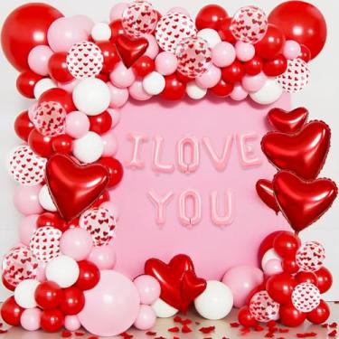Imagem de Kit de guirlanda de arco de balão de Dia dos Namorados, 138 peças de balões de coração de confete rosa e branco I LOVE YOU Balões de alumínio para decorações de dia dos namorados, casamento, noivado