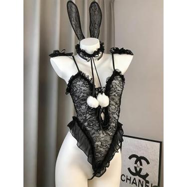 Imagem de Lingerie sexy de coelhinho cosplay roupa de empregada inteiriça body de pelúcia, Preto, One Size