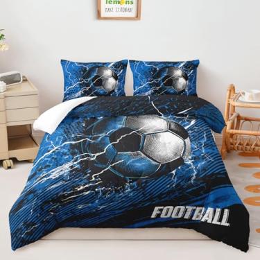 Imagem de AILONEN Conjunto de edredom com estampa de futebol, tamanho casal, 3 peças, para crianças, adolescentes, meninos, meninas, azul e preto, com 2 fronhas, todas as estações