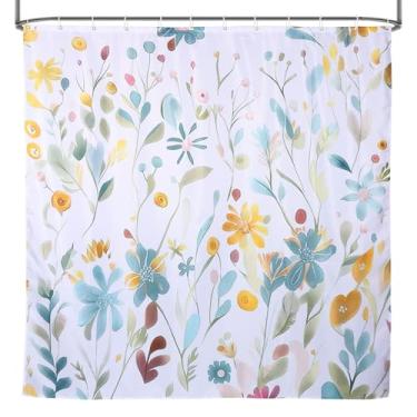 Imagem de DJAPWPX Cortina de chuveiro Boho com 12 ganchos de plástico, patchwork com tema floral, estilo floral de meados do século, cortina de banho retrô vintage para decoração de banho boho, tecido