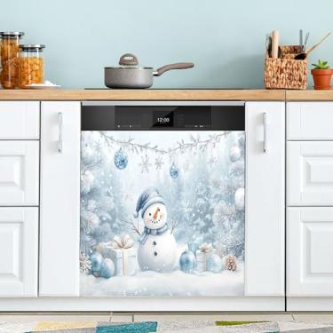 Imagem de xigua Linda capa magnética de boneco de neve de Natal, adesivos magnéticos decorativos antiarranhões para painel de geladeira e lava-louças, decoração personalizada de cozinha doméstica 58 x 66 cm