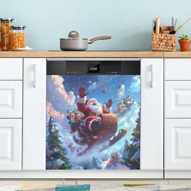 Imagem de xigua Capa magnética de Papai Noel de Natal, adesivos magnéticos decorativos antiarranhões para painel de geladeira e lava-louças, decoração personalizada de cozinha doméstica 58 x 66 cm