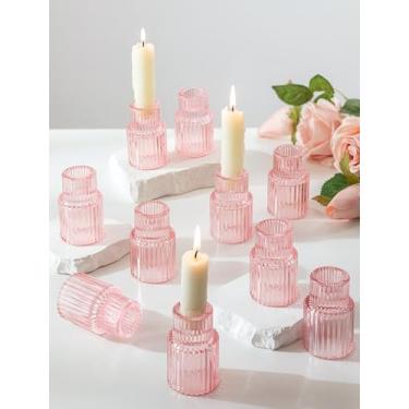 Imagem de Romadedi Castiçais de vidro rosa - 10 peças de castiçal com nervuras a granel para mesa central de mesa elegante suporte cônico para festa de aniversário de casamento, chás de bebê, dia dos namorados