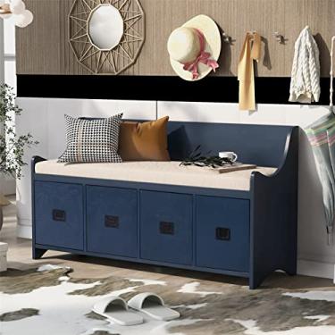 Imagem de pcagfaajmh Banco de armazenamento de sapatos moderno, banco de armazenamento de almofada móvel com gavetas e encosto para corredor, entrada, sala de estar, quarto (cinza) (azul)