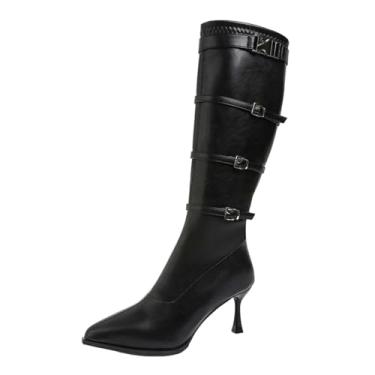 Imagem de Botas femininas casuais na altura do joelho, bico fino, couro sintético, zíper lateral, salto médio para conforto no inverno e estilo versátil, Preto, 38
