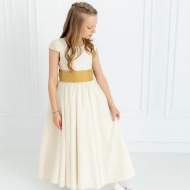Imagem de Vestido longo Off White com Faixa e Laço DOURADO Infantil Festa elegân
