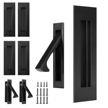 Imagem de bealy Conjunto de ferragens para porta de bolso, 2 puxadores embutidos e 1 puxador de borda, trava de ferragens de 15 cm, para armário, porta de celeiro, feita de aço inoxidável 304, preto, 2