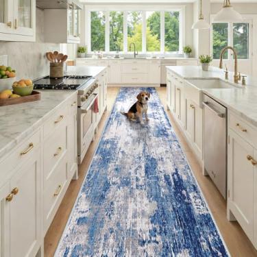 Imagem de RELEANY Tapetes laváveis 7,5 x 30,5 cm, antiderrapantes, modernos, abstratos, macios para sala de estar, entrada, quarto, berçário, padrão estampado, azul, cinza, azul-marinho