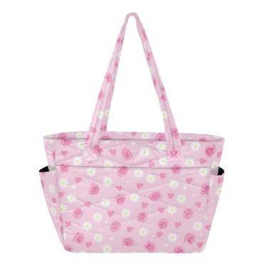 Imagem de Burbuja Bolsa feminina rosa rosa, bolsa de mão acolchoada com bolsos, leve e acolchoada para viagem, escola, trabalho, academia