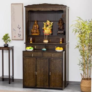 Imagem de Mesa de altar de bambu com rodas, armário de nicho de buda para meditação, mesa de oferta chinesa com armazenamento, 100 x 72 x 186 cm - perfeita para santuários budistas domésticos