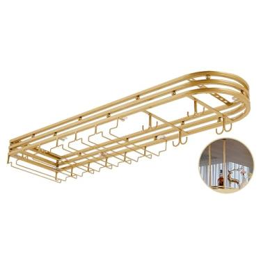 Imagem de Rack de vinho suspenso de metal dourado - armazenamento de teto de ferro flutuante para taças e copos de vinho - suporte de exibição elegante para bar e cozinha - perfeito para decoração de sala de