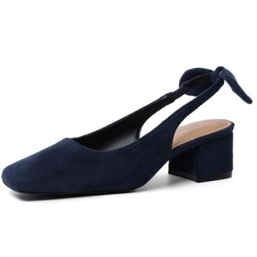 Imagem de Mostrin Sapato social feminino de salto baixo grosso com laço, salto em bloco, fechado, bico quadrado, para trabalho, escritório, dia a dia, casamento, Azul-marinho nº 05, 35