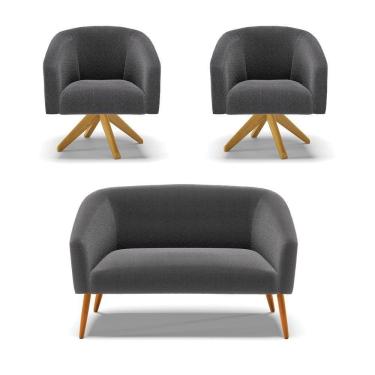 Imagem de Kit 1 Sofá Namoradeira E 2 Poltronas Stella Bouclê Grafite Base De Madeira Ma30 - D'rossi