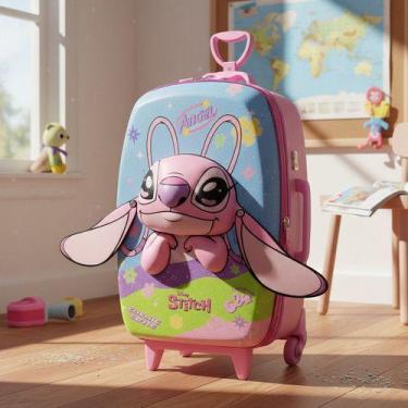 Imagem de Mala Mochila Infantil Stitch 3d Com Rodinhas Escolar Relevo Rosa Stitc