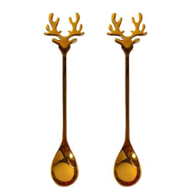 Imagem de Kit com 2 Colheres Natalinas de Rena 14x2,5CM para Sobremesa e Mesa Posta Acabamento Especial Dourado Yangzi