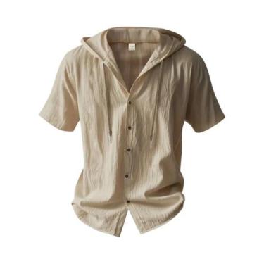 Imagem de Camisa Masculina De Algodão E Linho Com Capuz E Manga Curta, Respiráve