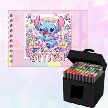 Imagem de Kit Colorir Stitch Capa Dura 80 Marcadores Dupla Ponta Criativo Infant
