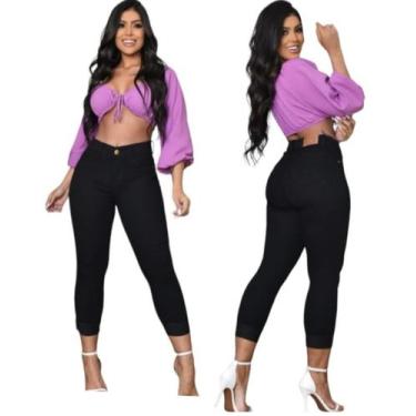 Imagem de Calça Capri Jeans Preta Feminina com lycra levanta bumbum Cintura Alta