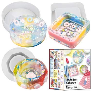 Imagem de FUNSHOWCASE Moldes de silicone de resina epóxi para cinzeiro para concreto, cimento, argila, octógono, quadrado, 3 pacotes redondos com conjunto de tutorial