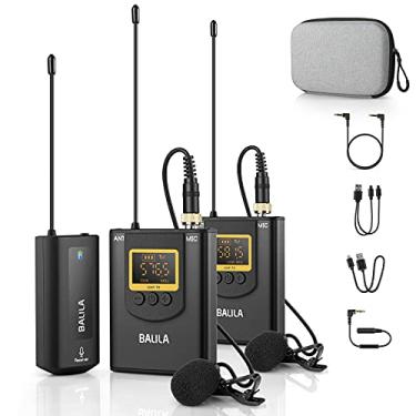 Imagem de BALILA Sistema de microfone de lapela sem fio UHF, microfone de lapela sem fio com 2 transmissores e 1 receptor para iPhone/Android, câmera DSLR, microfone Lav serve para podcast, entrevista no