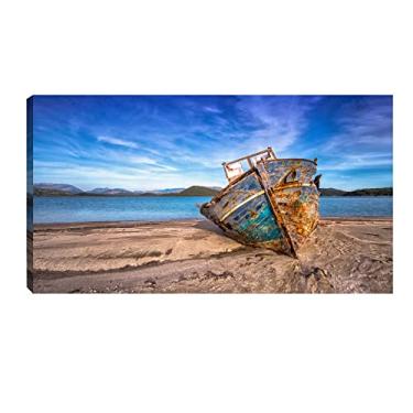 Imagem de Quadro Decorativo Paisagem Praia Barco Envelhecido 55x100cm