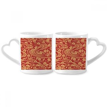 Imagem de Conjunto de canecas de porcelana para casal, flor de cultura japonesa, vermelho encaracolado, coração