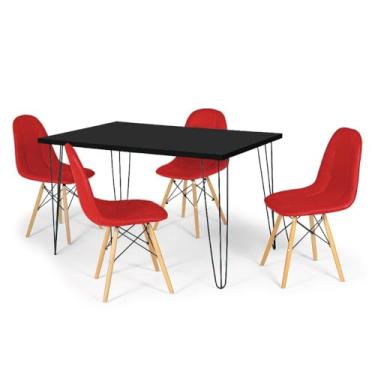 Imagem de Conjunto Mesa de Jantar Hairpin 130x80 Preta com 4 Cadeiras Eiffel Botonê - Vermelho