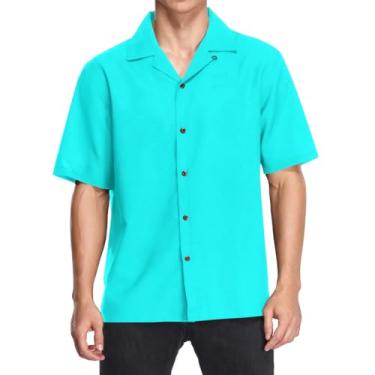 Imagem de CHIFIGNO Camisas havaianas masculinas folgadas de manga curta com botões estampadas, camisas casuais de praia tropicais, Ciano, azul-piscina, P